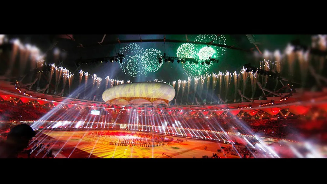 Stadium ceremony spectacle with fireworks produced by Wizcraft, event management company with a Hyderabad office
