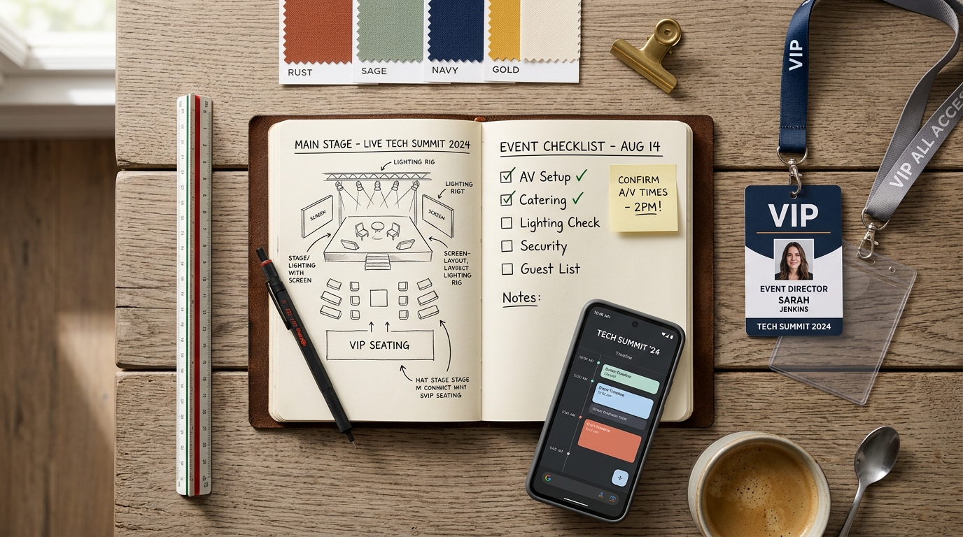 Handwritten Event Planning Notebook and Convention Hall Floor Plan Blueprint