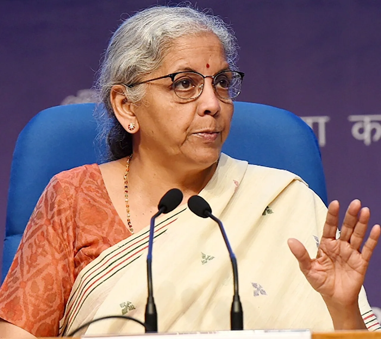 Nirmala Sitharaman briefing the media after a GST Council meeting in New Delhi in July 2023