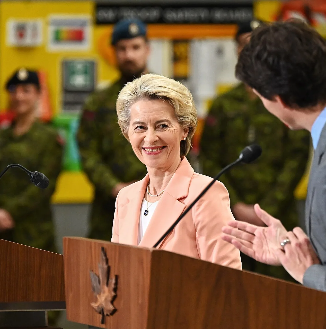 Ursula von der Leyen at a press conference during her visit to Canada in 2023