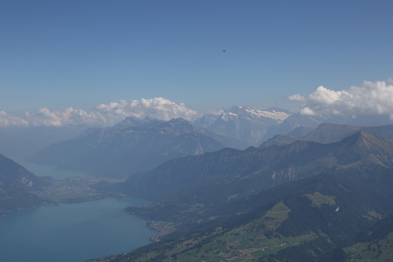 Interlaken between its lakes with the Bernese Alps beyond, Switzerland