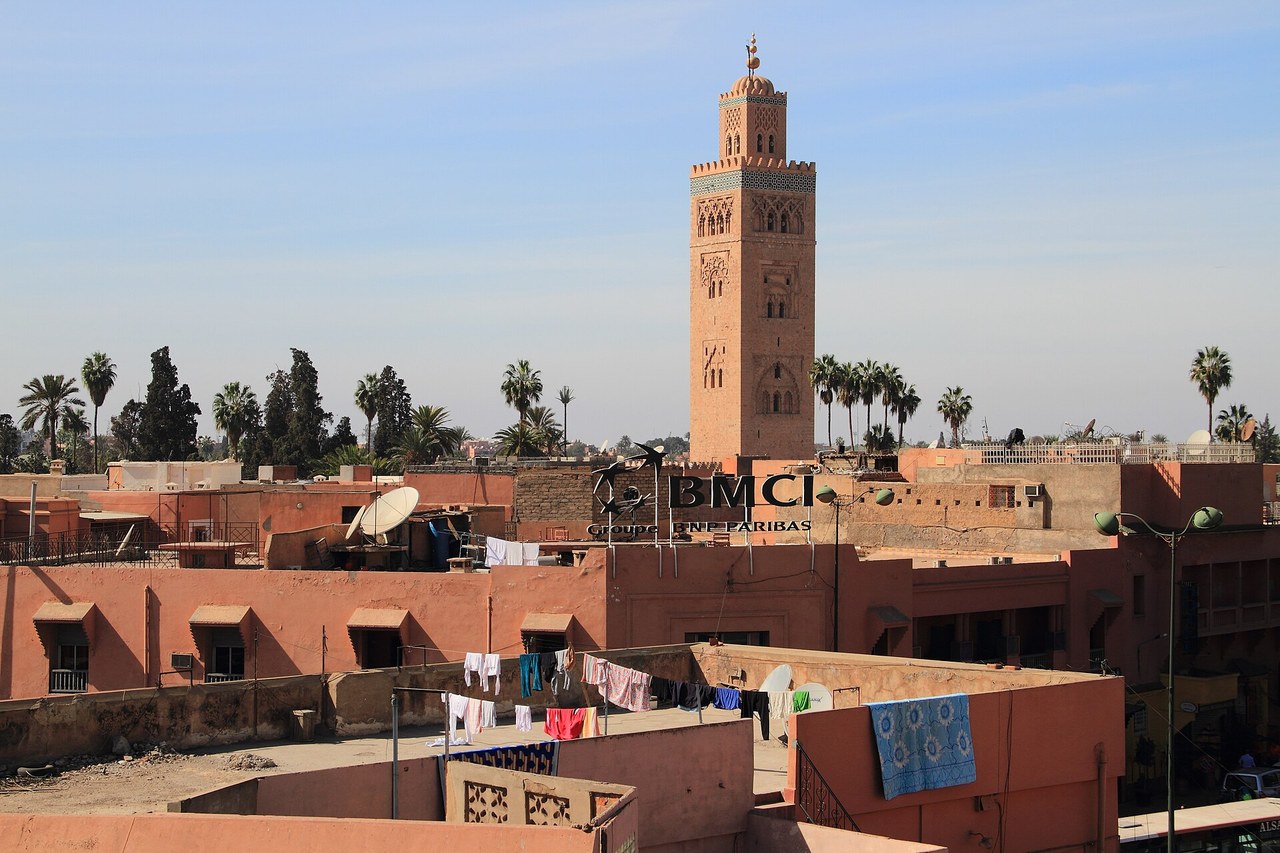The Koutoubia Mosque minaret above Marrakech's rooftops