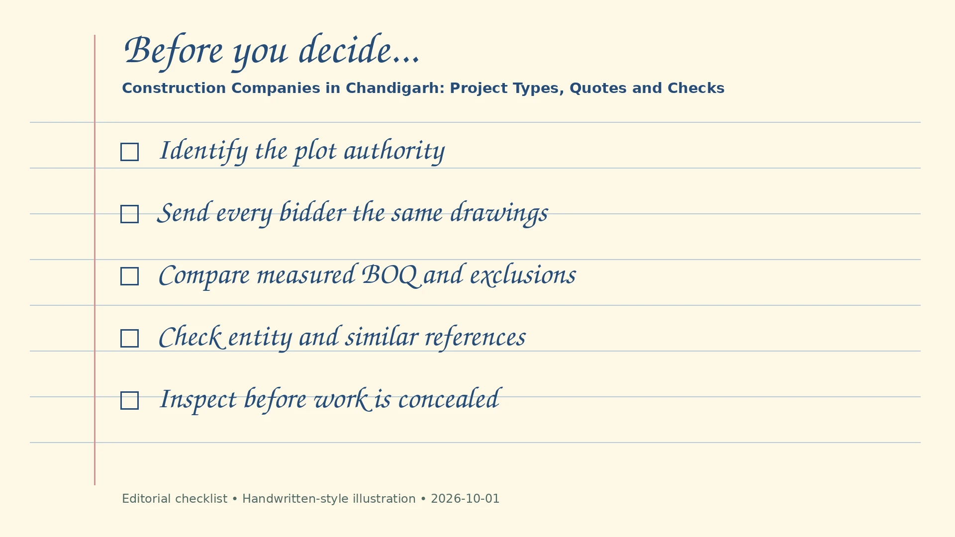 Handwritten-style editorial checklist: Identify the plot authority; Send every bidder the same drawings; Compare measured BOQ and exclusions; Check entity and similar references; Inspect before work is concealed