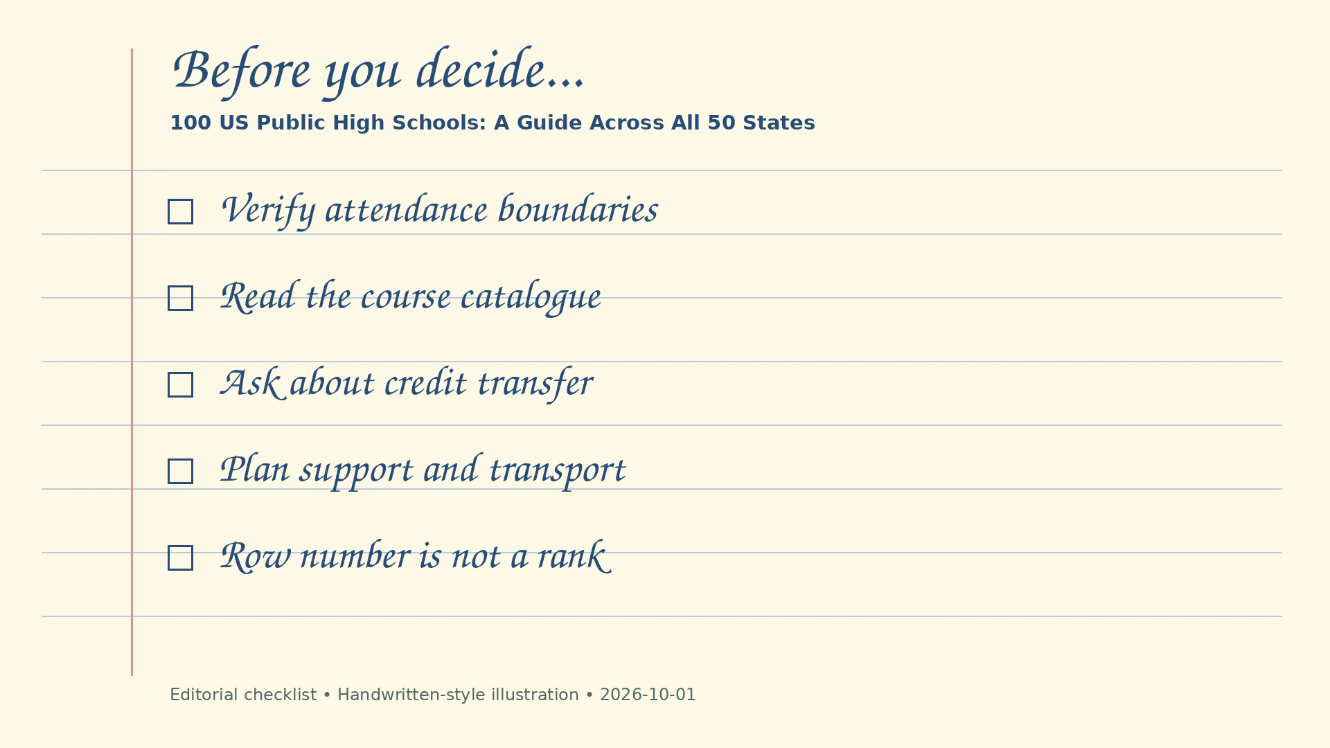 Handwritten-style editorial checklist: Verify attendance boundaries; Read the course catalogue; Ask about credit transfer; Plan support and transport; Row number is not a rank