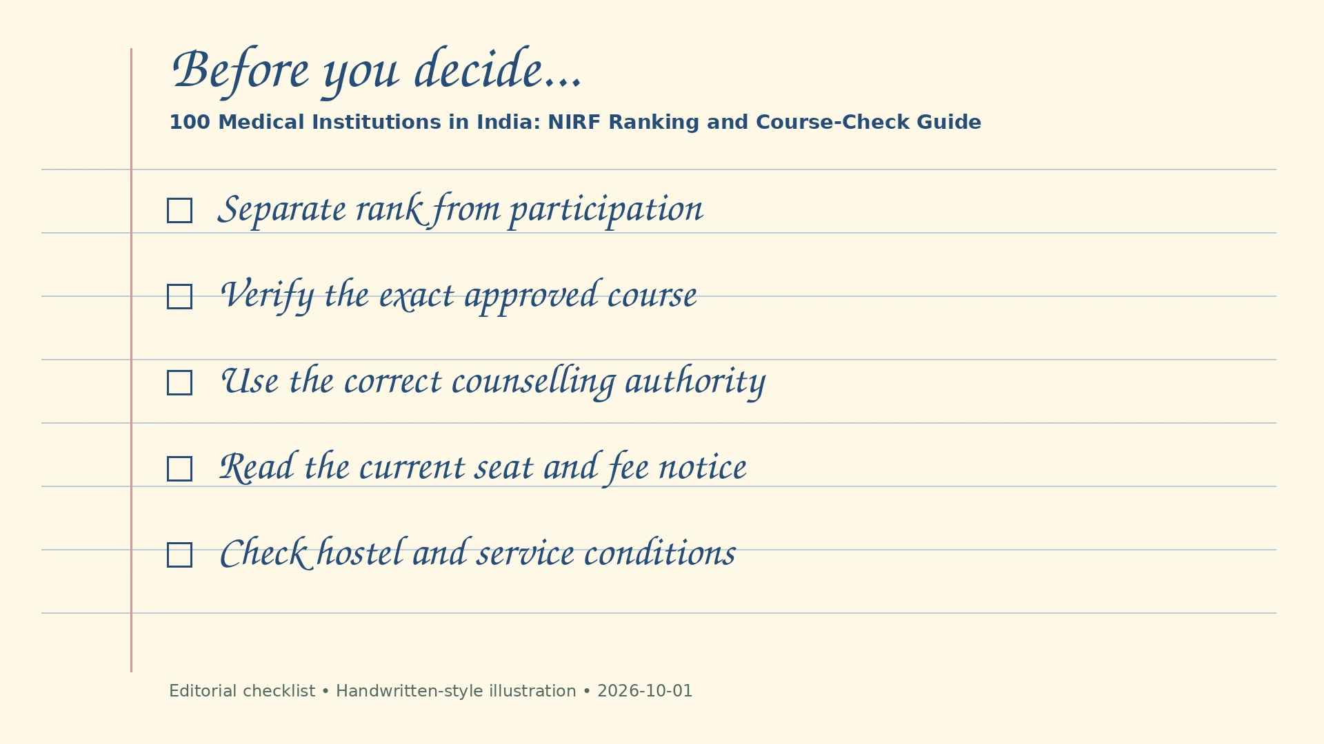 Handwritten-style editorial checklist: Separate rank from participation; Verify the exact approved course; Use the correct counselling authority; Read the current seat and fee notice; Check hostel and service conditions