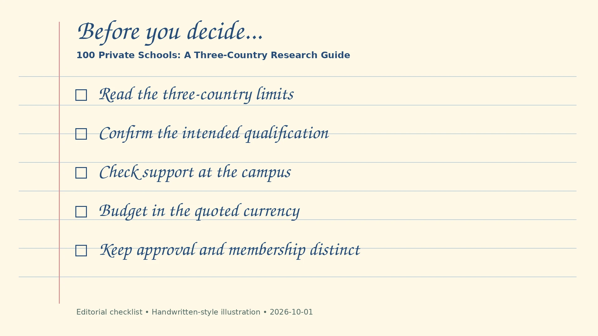 Handwritten-style editorial checklist: Read the three-country limits; Confirm the intended qualification; Check support at the campus; Budget in the quoted currency; Keep approval and membership distinct