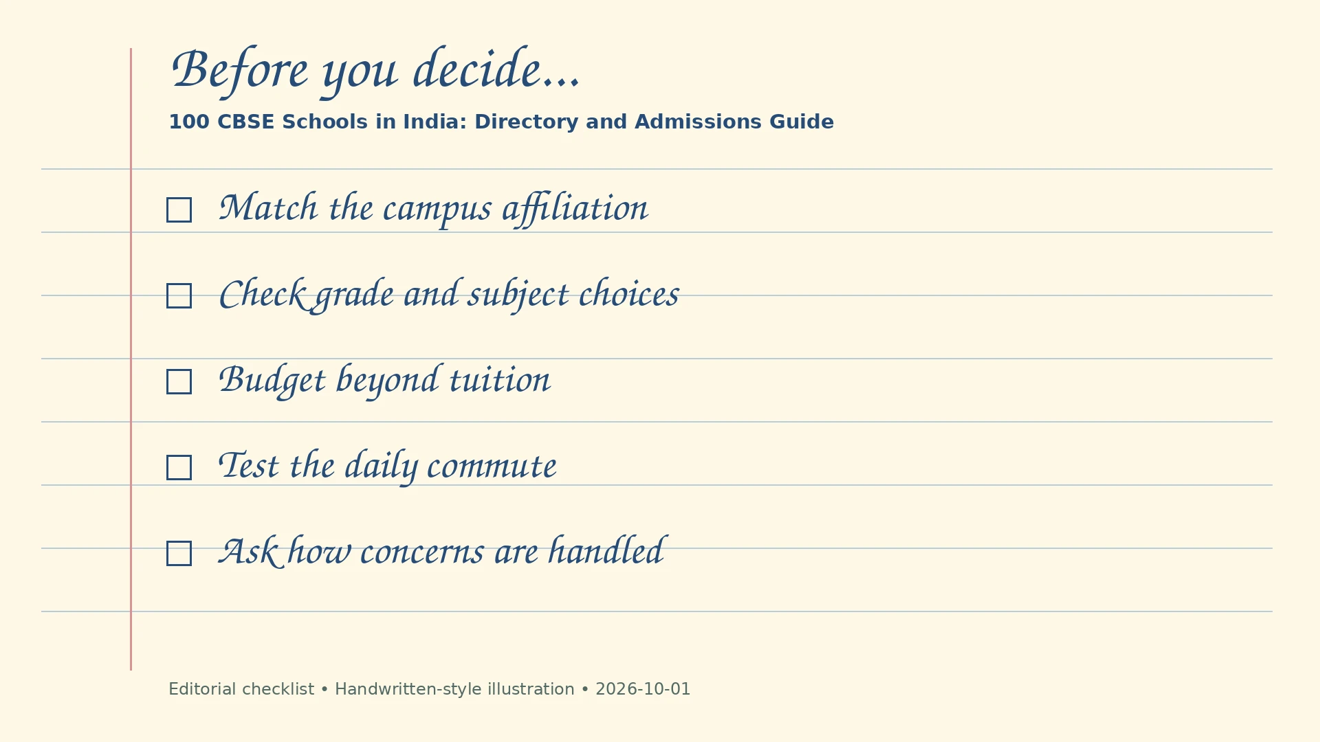 Handwritten-style editorial checklist: Match the campus affiliation; Check grade and subject choices; Budget beyond tuition; Test the daily commute; Ask how concerns are handled
