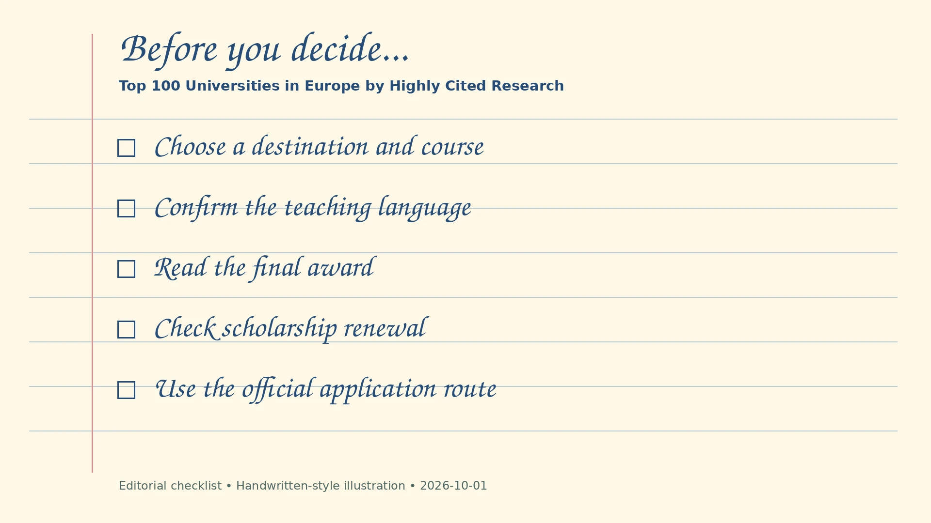 Handwritten-style editorial checklist: Choose a destination and course; Confirm the teaching language; Read the final award; Check scholarship renewal; Use the official application route